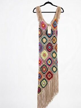 Love Sense Crochet Granny Square Maxi Dress Fringe Asymmetric Boho Festival M